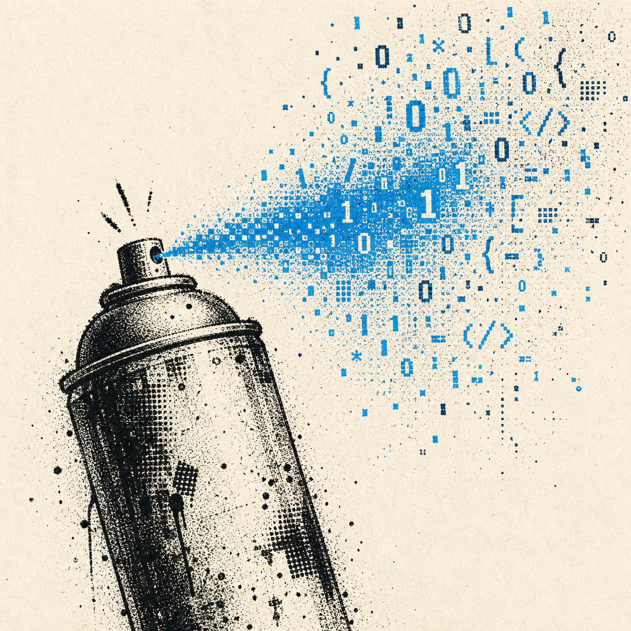 A pointillist spray paint can spraying binary code